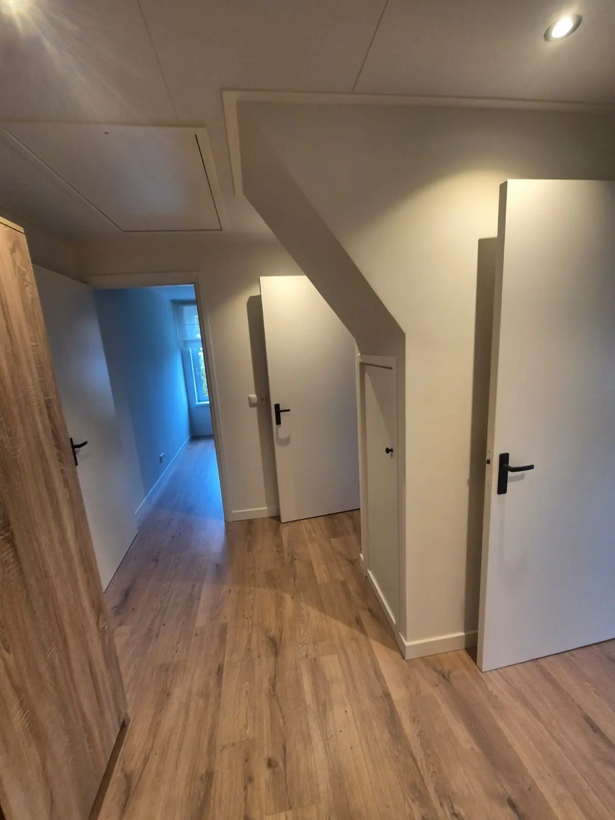 Vernieuwde hal met binnendeuren en laminaat